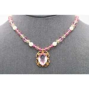 Swarovski Swan Pink Crystal Beaded Necklace Pendant 17 Inch
